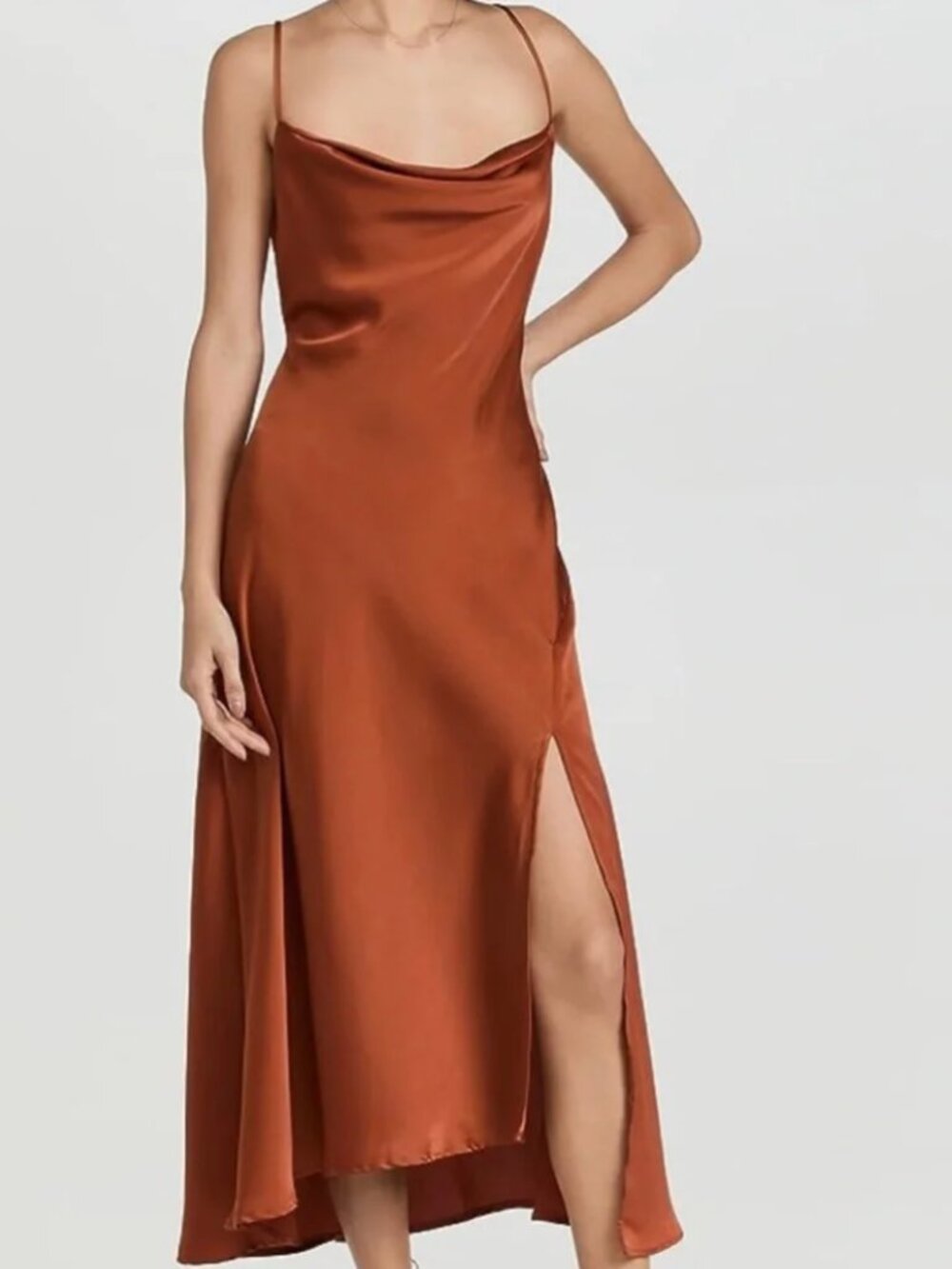 Astr the Label Rust Satin Cowl Neck Midi Slip Dress